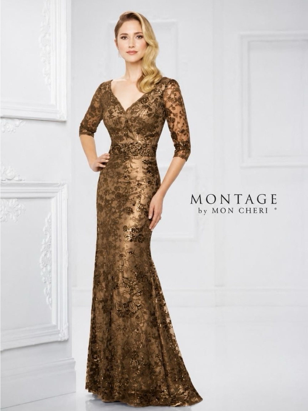 Montage by Mon Cheri Bronze Lace Long Sleeve Evening Gown